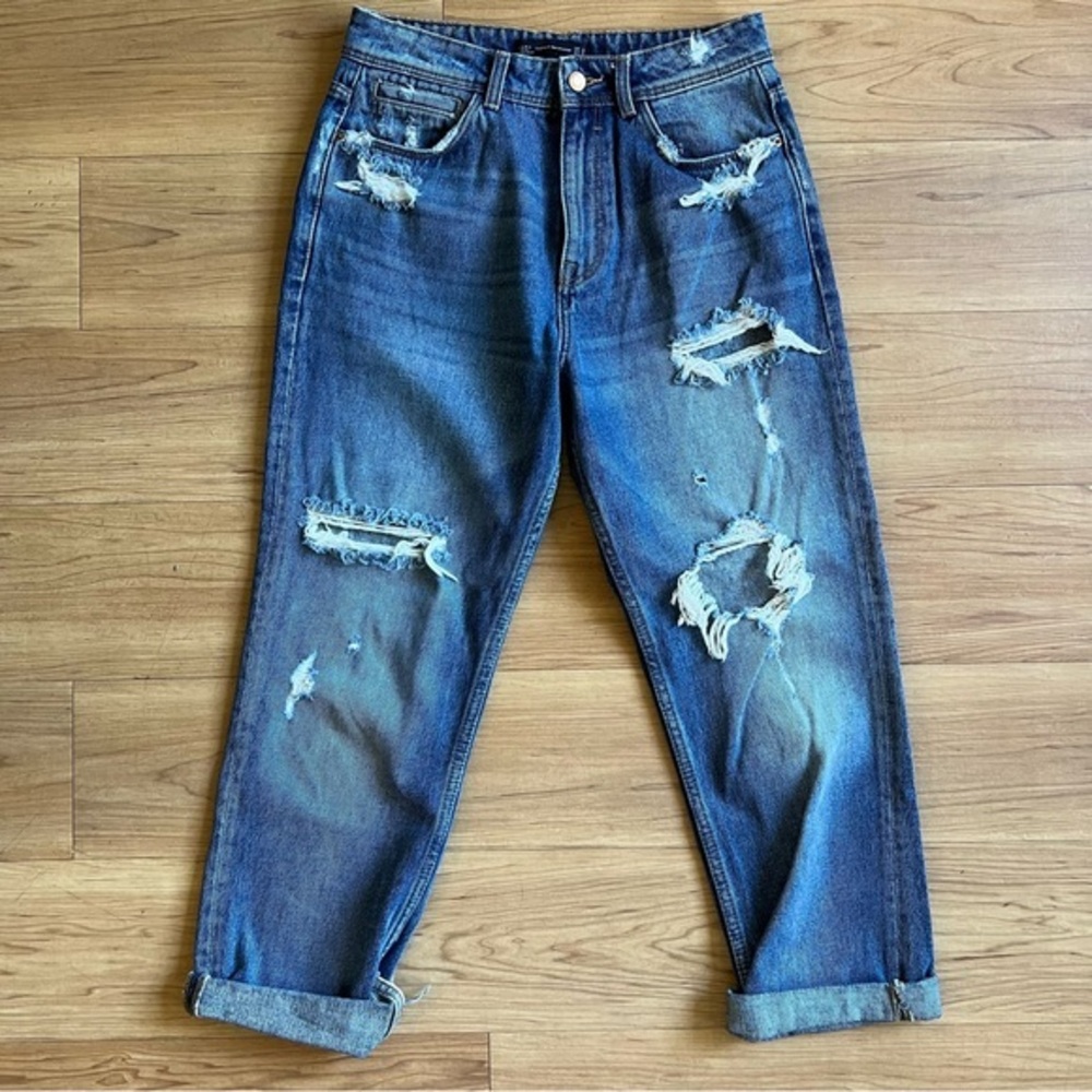 ZARA Jeans Women’s 6 Blue High Rise Distressed Straight Leg